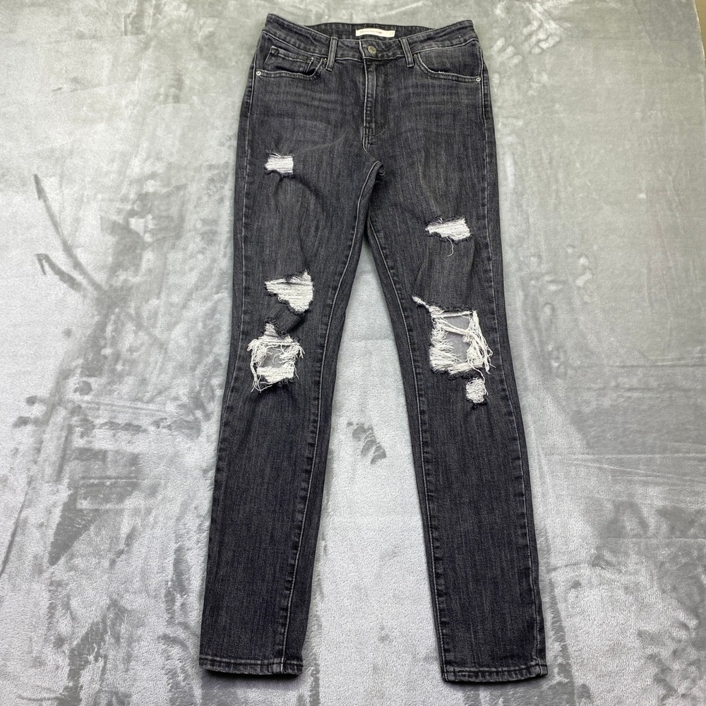 Levi's 721 High Rise Skinny Jeans Black Distressed Ripped Sz‎ 27 Fits 26" Grunge